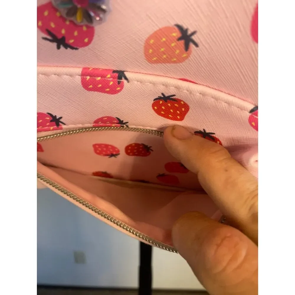 Mini Strawberry Print Backpack Purse Pink Faux Leather